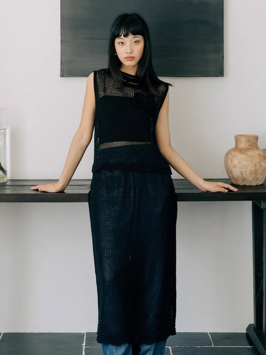 Chowxiaodou Knitted Hollow Bow Dress