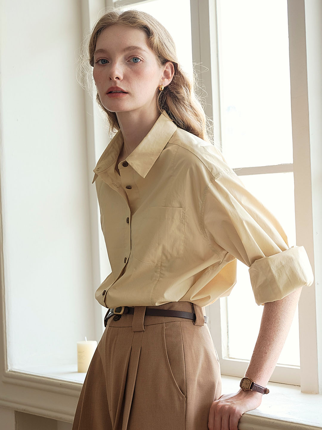 【Final Sale】Cynthia Classic LOGO Embroidered Slit Cotton Light Yellow Shirt