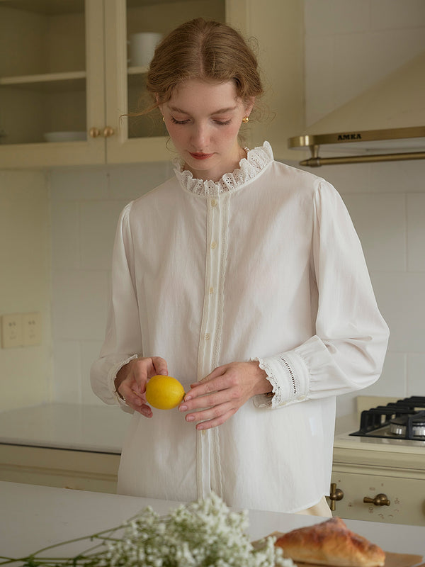 Yamileth Retro Mock Collar Lace Trimmed Paneled Blouse