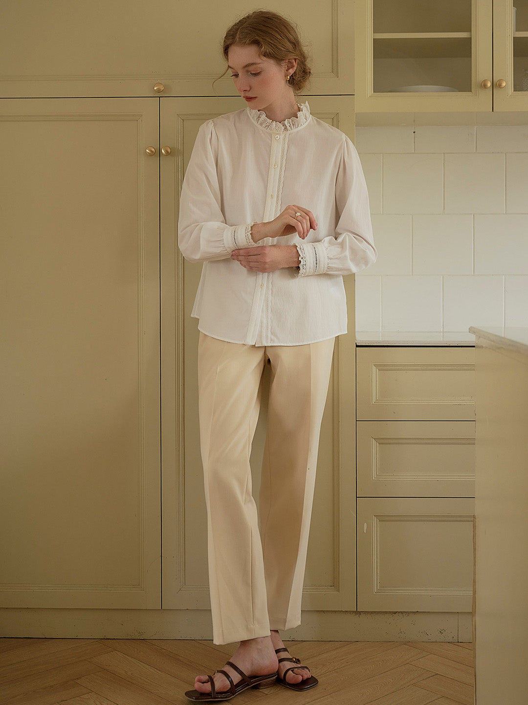 Yamileth Retro Mock Collar Lace Trimmed Paneled Blouse
