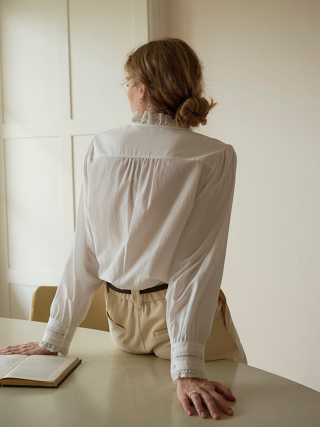 Yamileth Retro Mock Collar Lace Trimmed Paneled Blouse