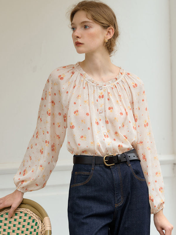 Raina Round Neck Floral Print Balloon Sleeve Blouse