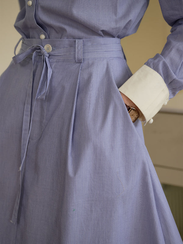 Brylee Cotton Blue & White Striped High Waist Belted Skirt