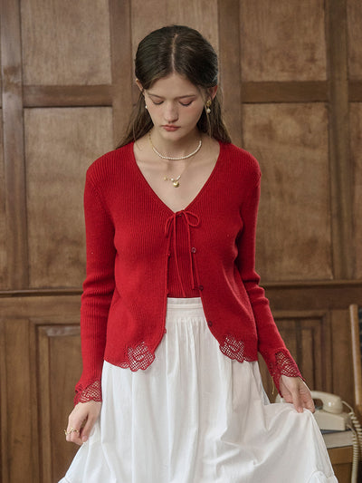 V-Neck String Tie Hollow Out Loose Cardigan