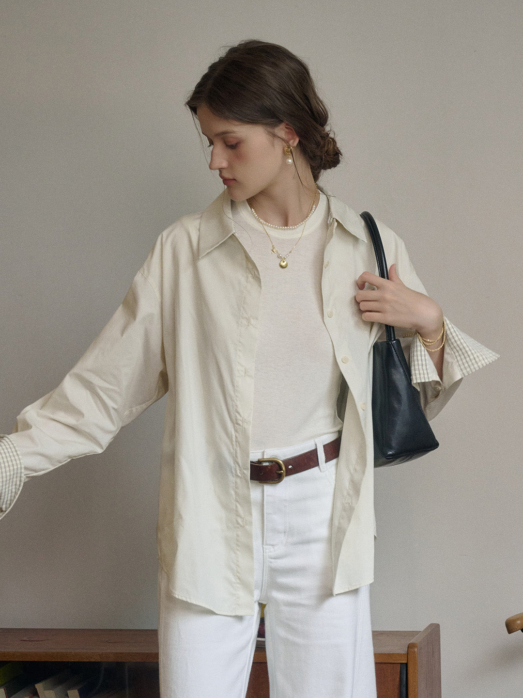 【Final Sale】Abby Removable Collar and Cuffs Contrast Color Small Checkered Shirt - Beige