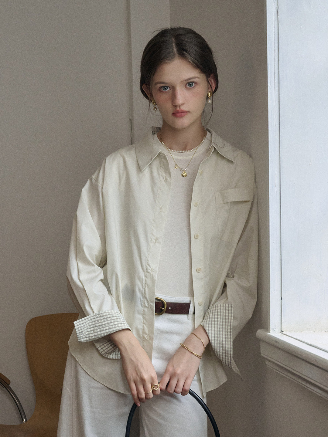 【Final Sale】Abby Removable Collar and Cuffs Contrast Color Small Checkered Shirt - Beige