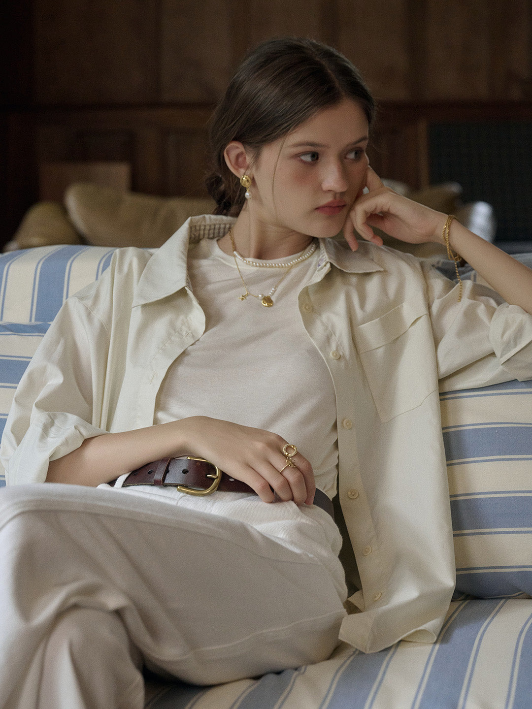 【Final Sale】Abby Removable Collar and Cuffs Contrast Color Small Checkered Shirt - Beige