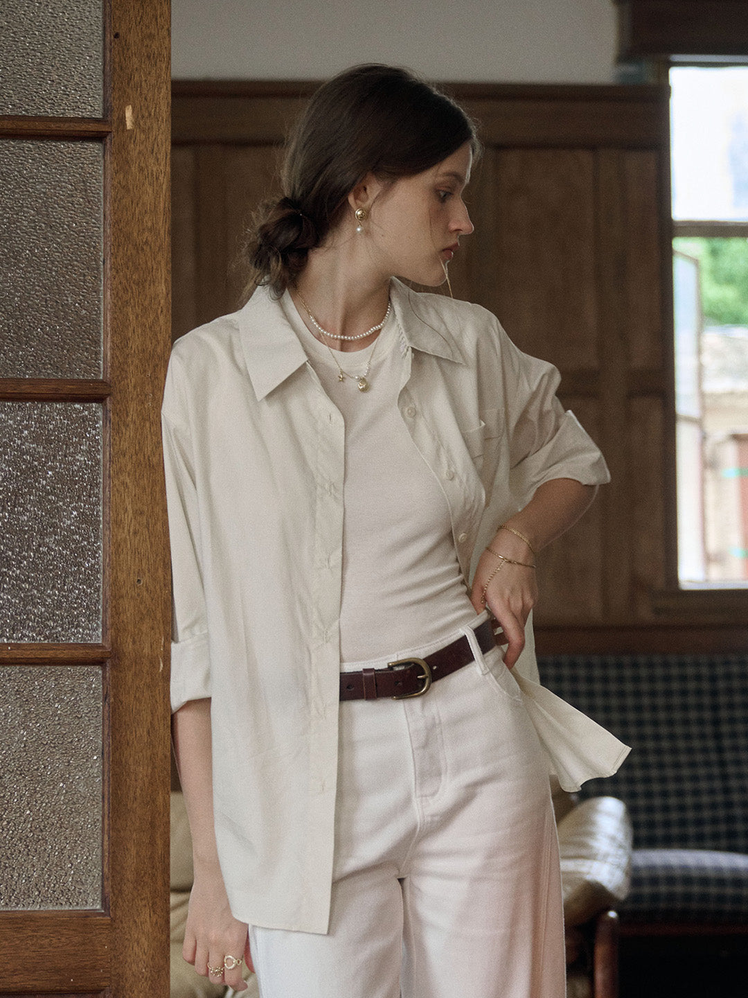 【Final Sale】Abby Removable Collar and Cuffs Contrast Color Small Checkered Shirt - Beige