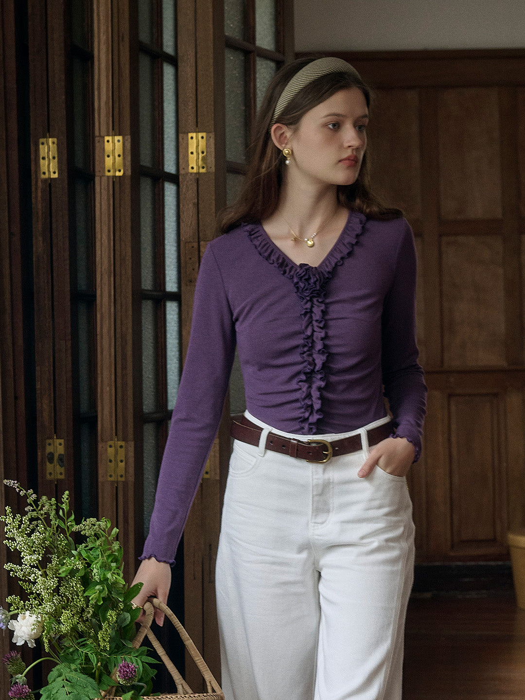 Anne V-neck Ruffled Paneled Knit Top