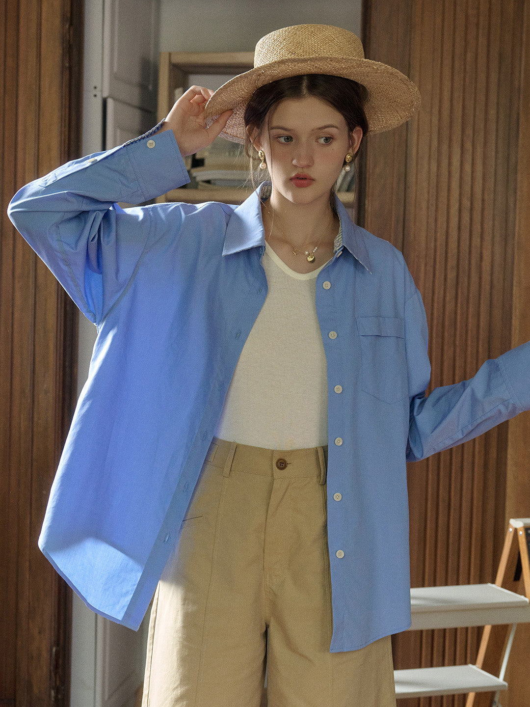 Abby Removable Collar and Cuffs Contrast Color Small Checkered Shirt - Blue