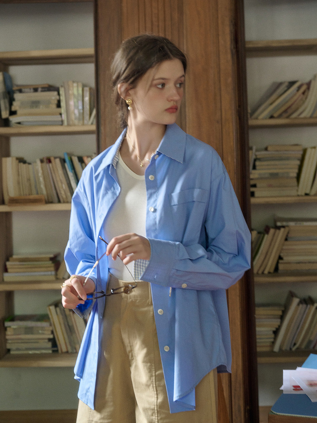 Abby Removable Collar and Cuffs Contrast Color Small Checkered Shirt - Blue