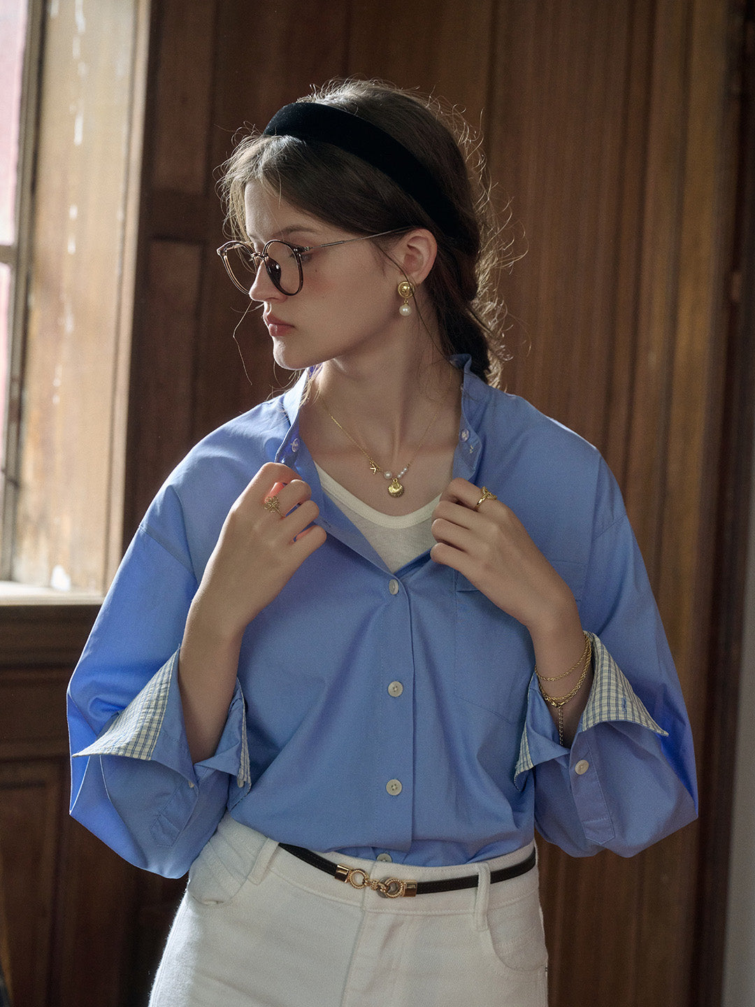 Abby Removable Collar and Cuffs Contrast Color Small Checkered Shirt - Blue