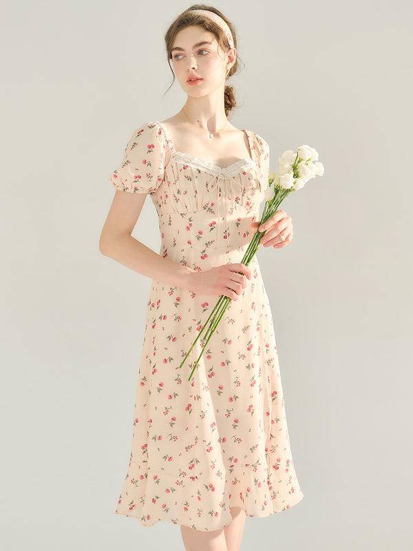 Alexia Cherry Print Square Neck Puff Sleeve Dress
