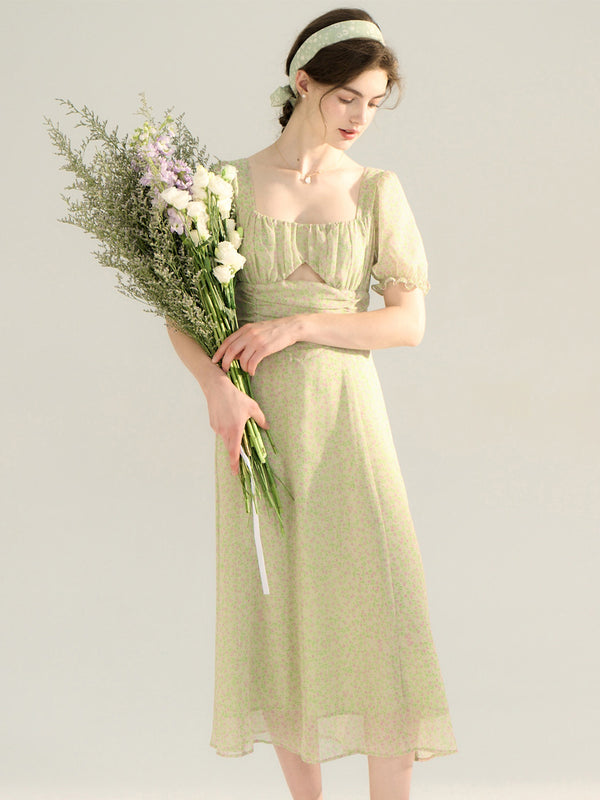 Ensley Floral Puff Sleeve Square Neck Hollow Dress