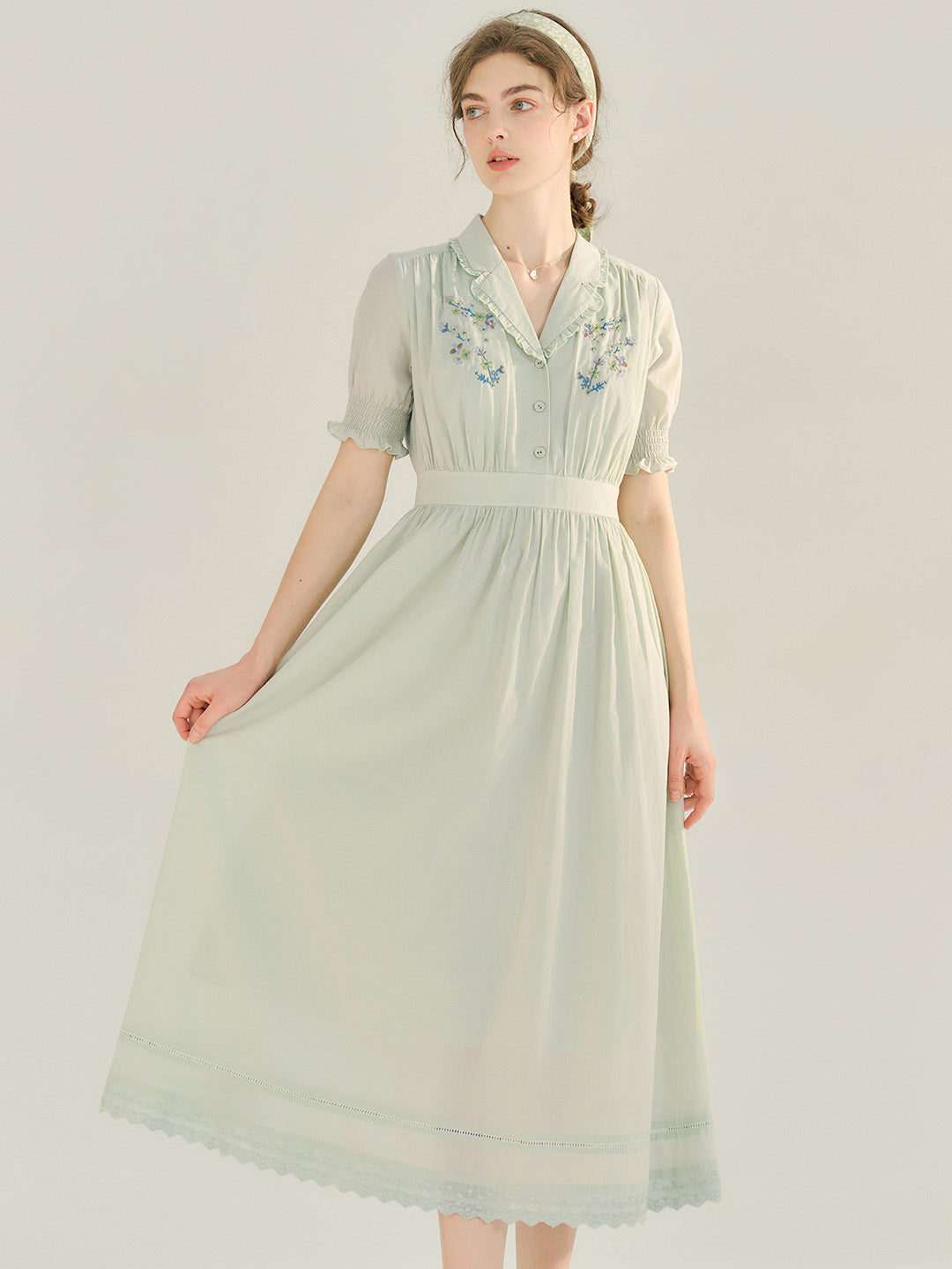 Roselyn Embroidered V  Neck Lapel Puff Sleeve Cotton High Waist Midi Dress