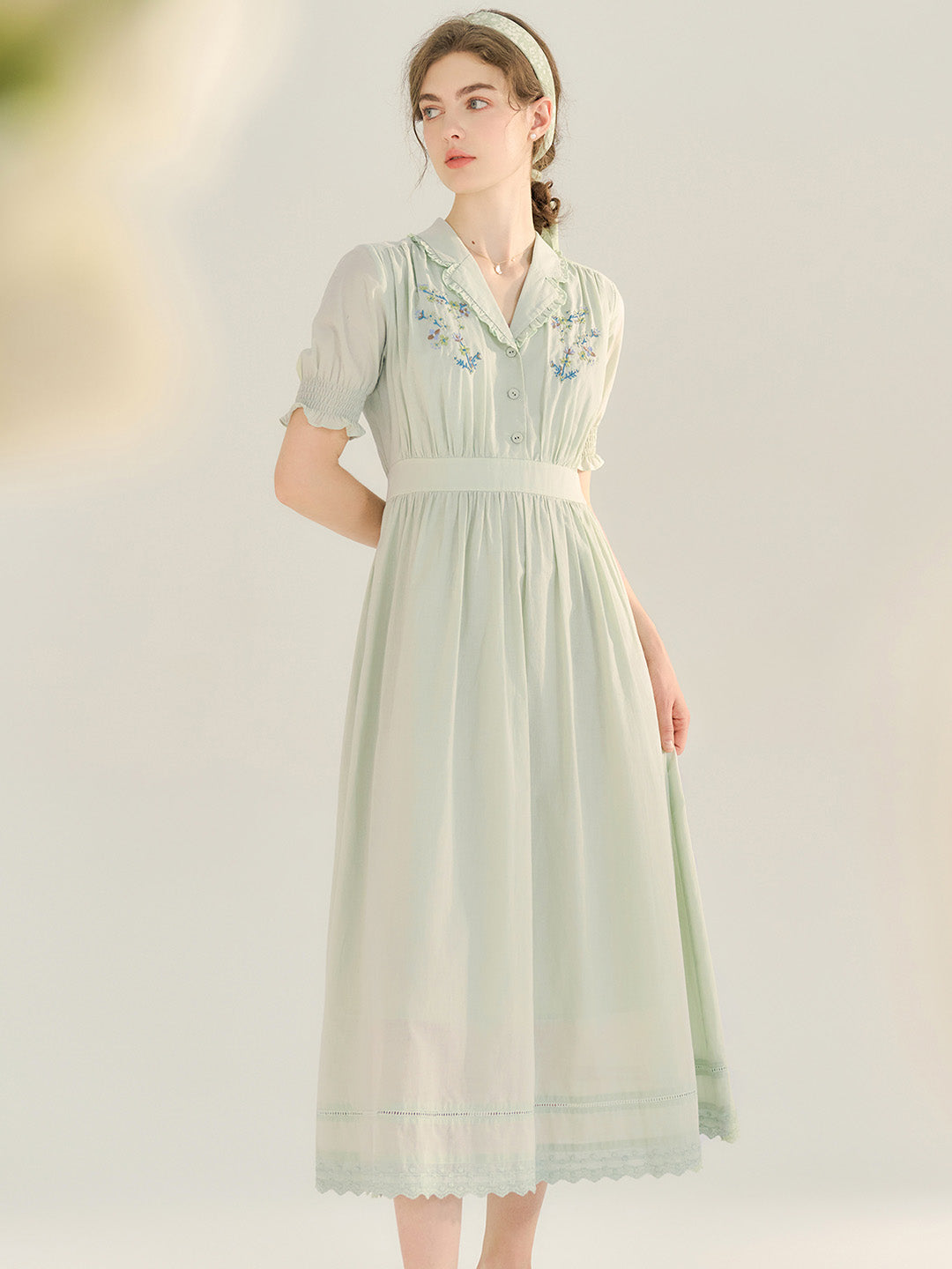 Roselyn Embroidered V  Neck Lapel Puff Sleeve Cotton High Waist Midi Dress