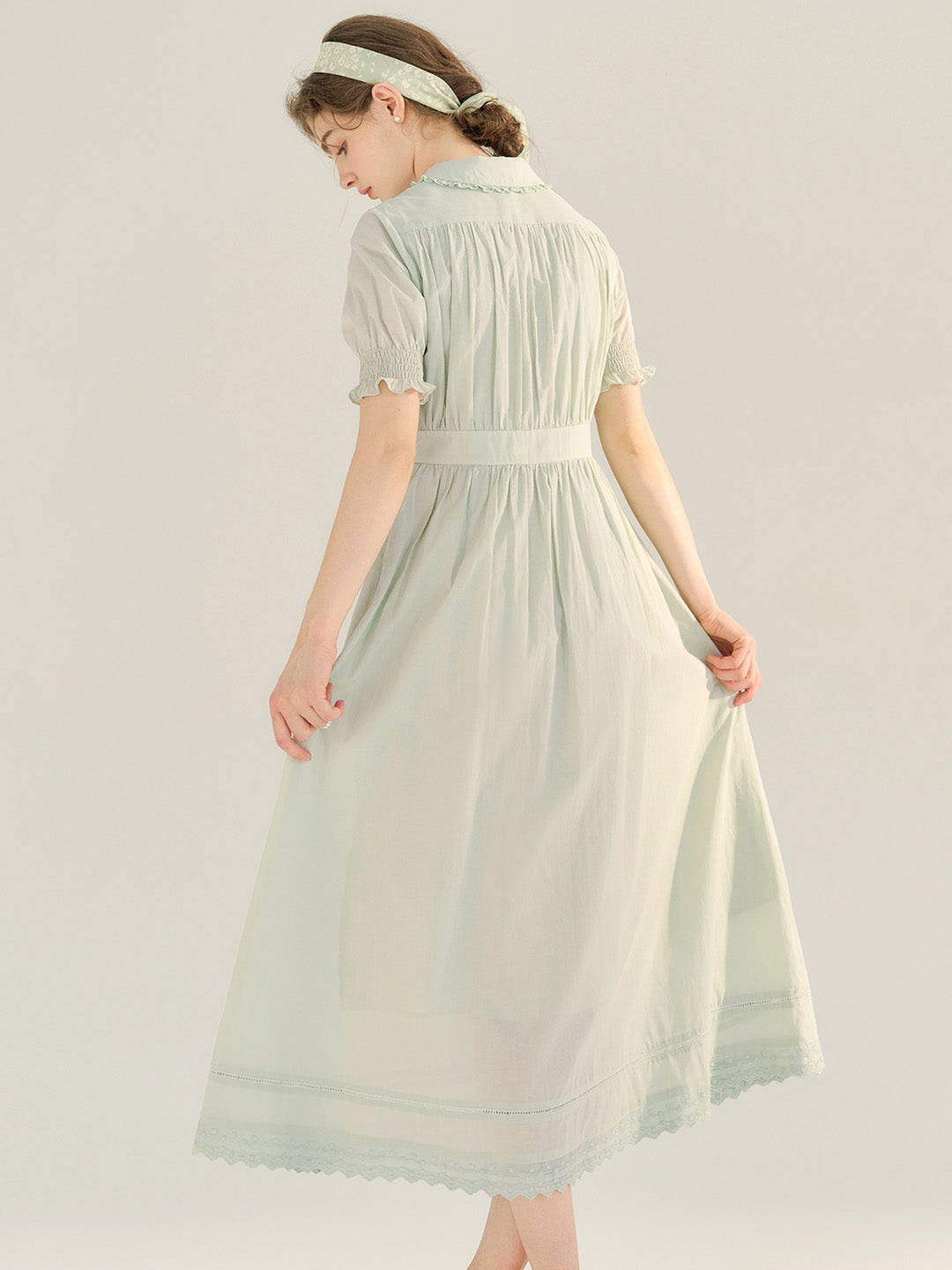 Roselyn Embroidered V  Neck Lapel Puff Sleeve Cotton High Waist Midi Dress