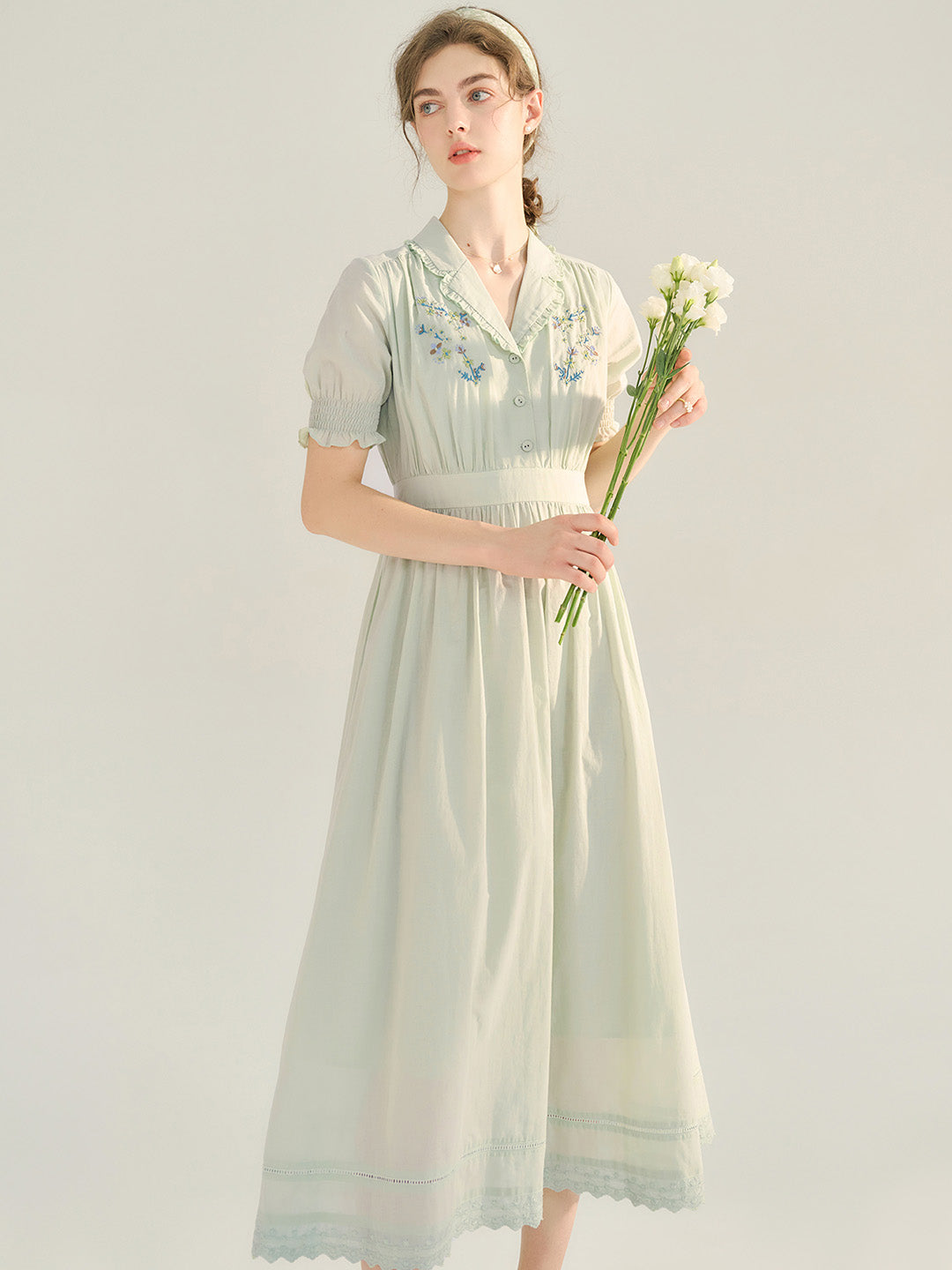 Roselyn Embroidered V  Neck Lapel Puff Sleeve Cotton High Waist Midi Dress