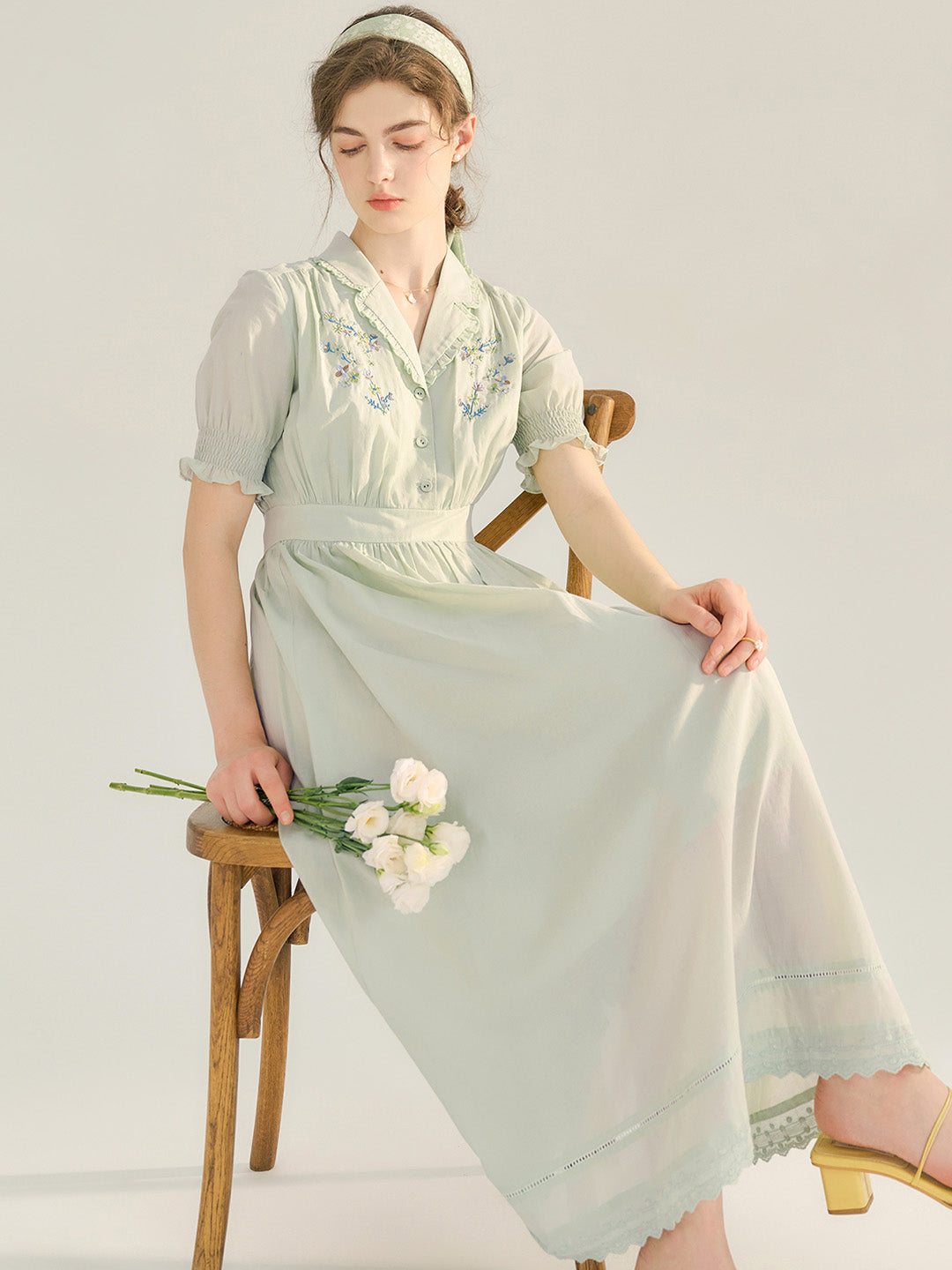 Roselyn Embroidered V  Neck Lapel Puff Sleeve Cotton High Waist Midi Dress