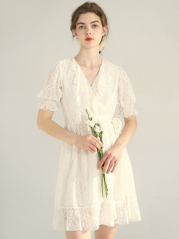 【Final Sale】Emberlynn V Neck Puff Sleeve Lace Dress
