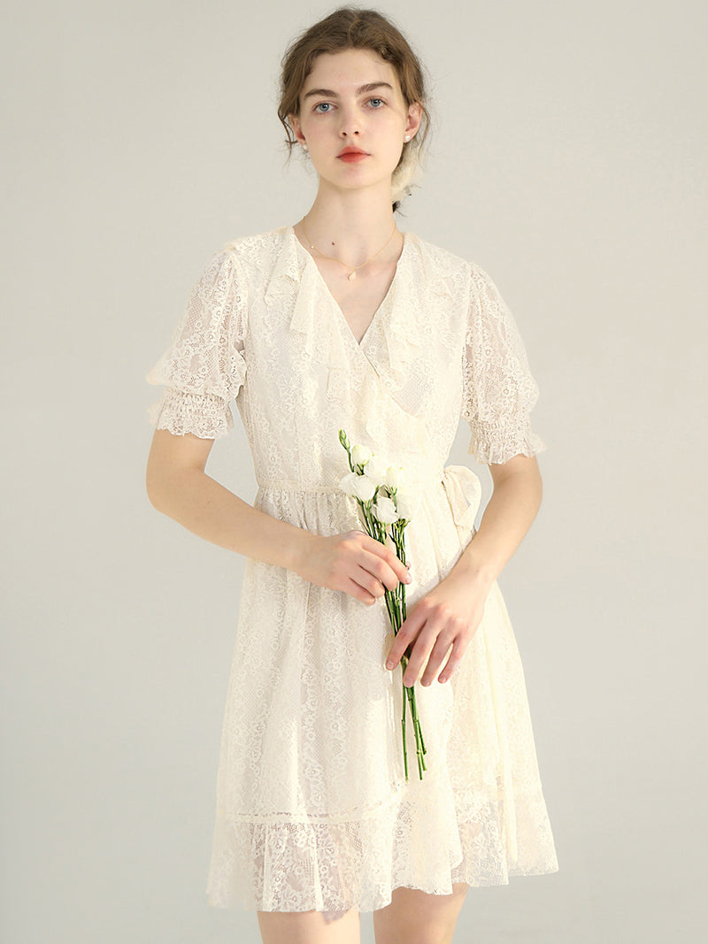 Lace Mock Neck Puff Sleeve Dress