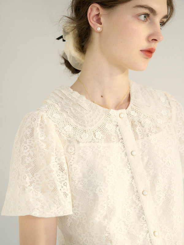 Kaiya Doll Neck Puff Sleeve Lace Cutout Shirt
