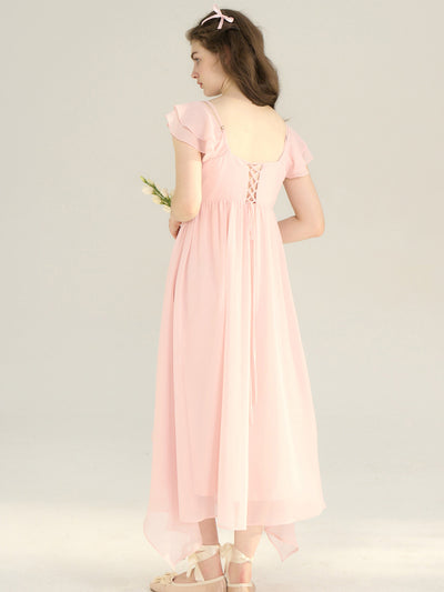 Square Neck Lace Cap Sleeves Ruffles Long Dress Pearl Pink main image 1