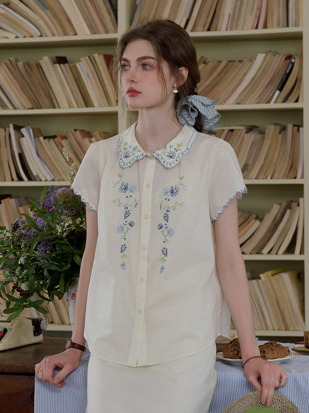 Alora Peter Pan Collar Embroidery 100% Cotton Blouse