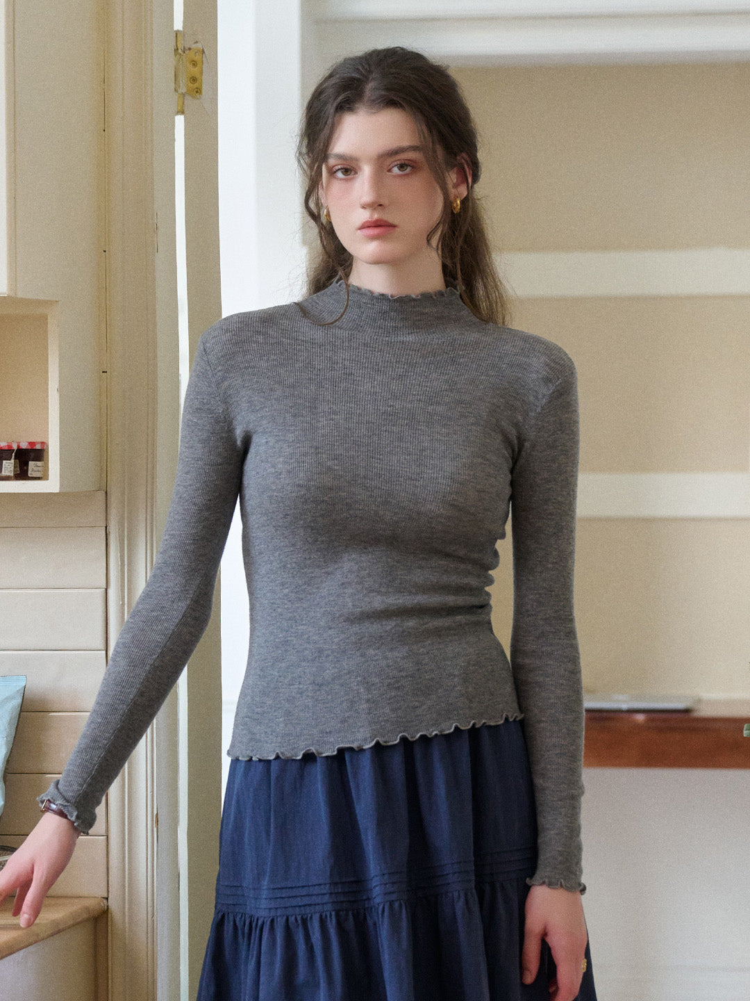 Amanda Ruffle Collar 100% Wool Top