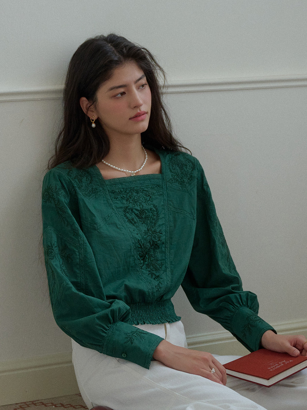 Oakley Square Neck Jacquard Lace Green Blouse