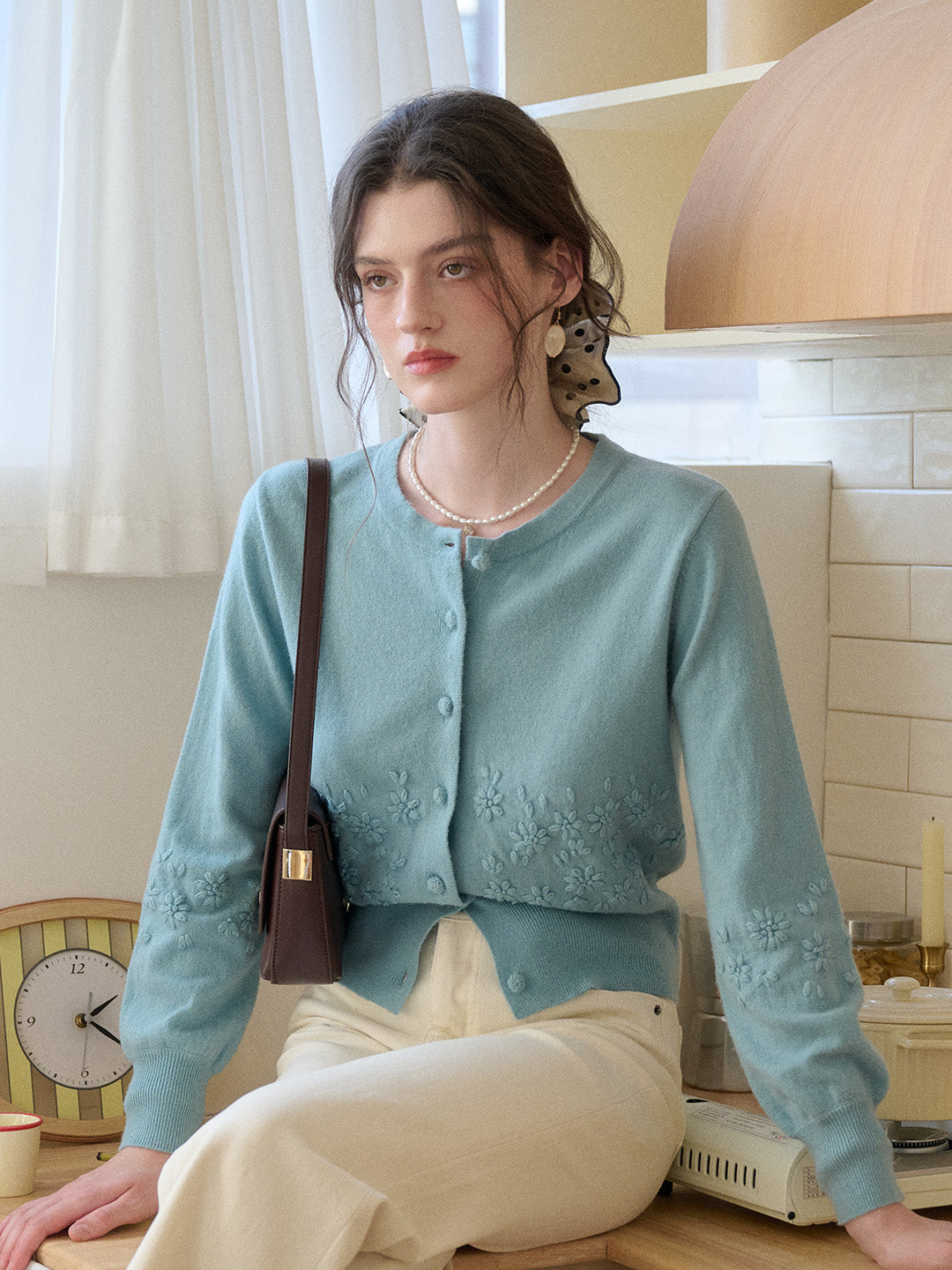 Lola Round Neck Embroidery  Wool Cardigan