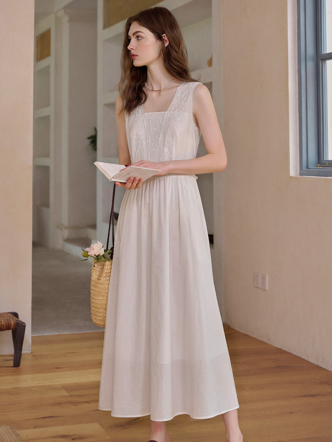 May Square Neck Embroidery 100% Cotton Sleeveless Dress