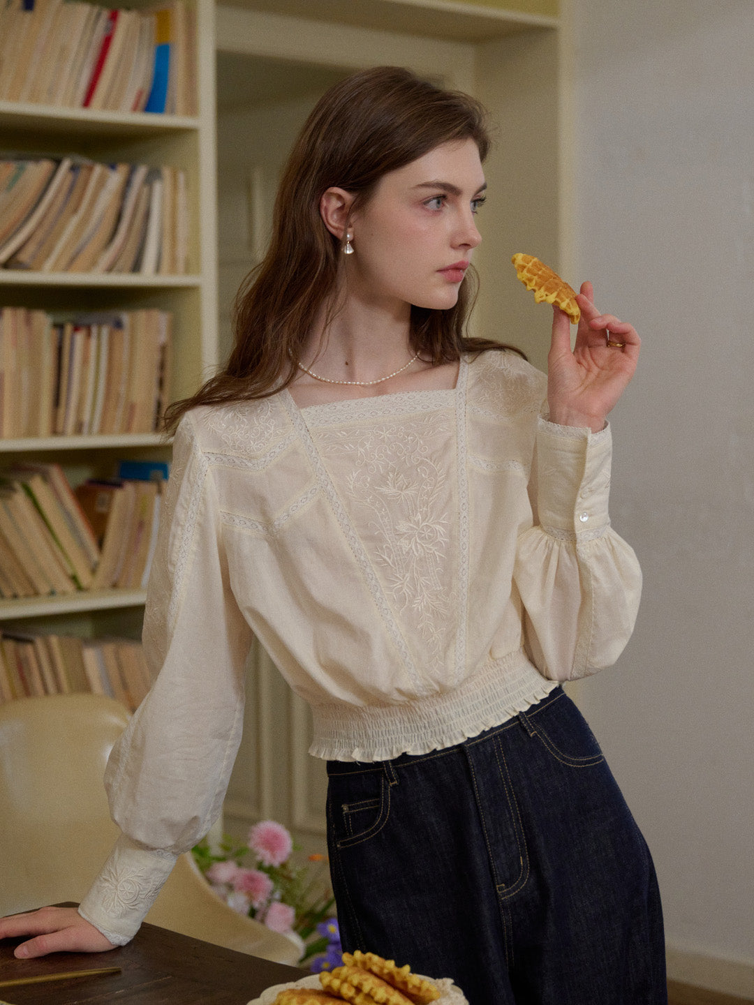 Oakley Round Neck Jacquard Lace Blouse