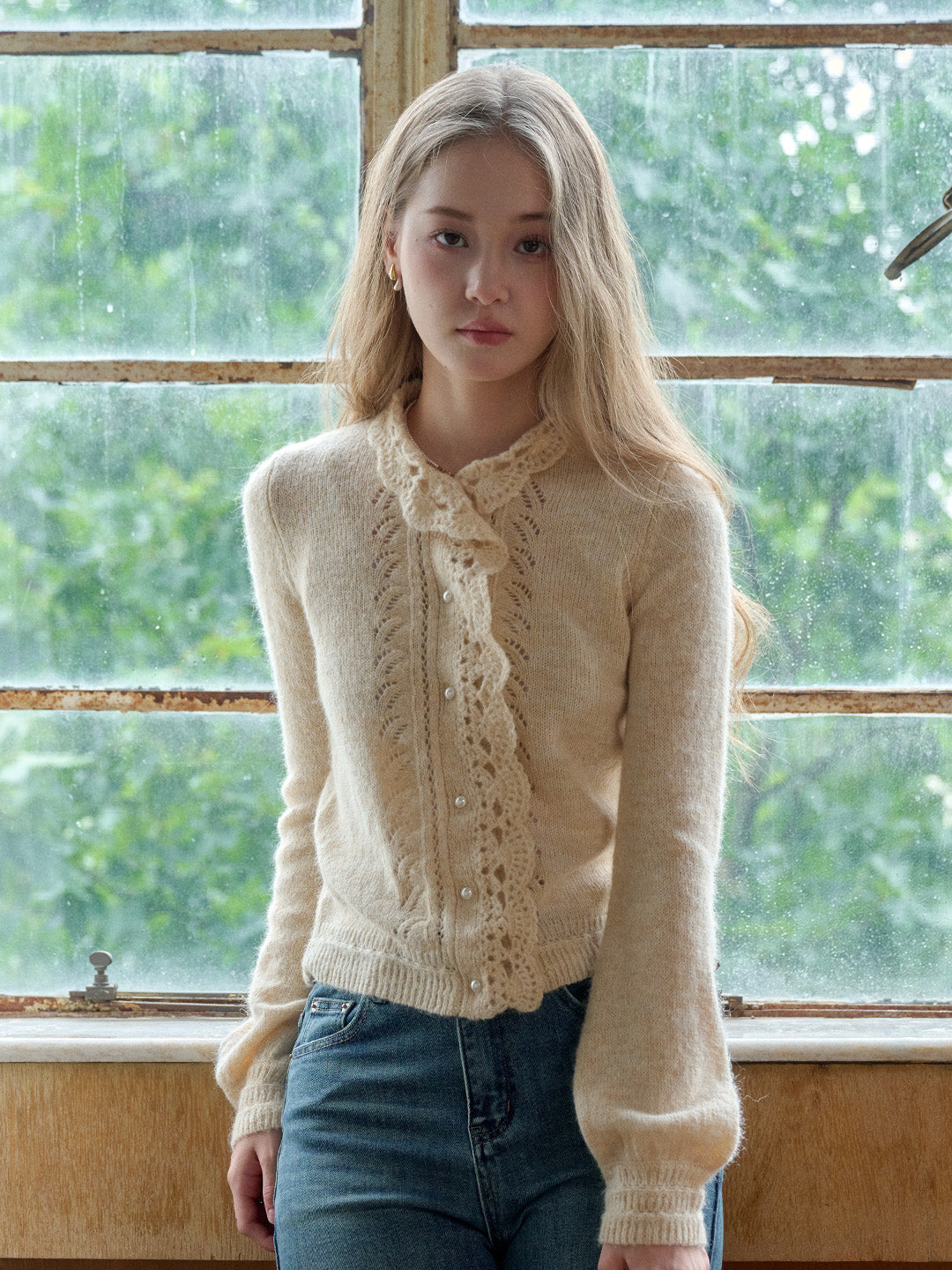Lauren Wavy Collar Hollow Knit Cardigan