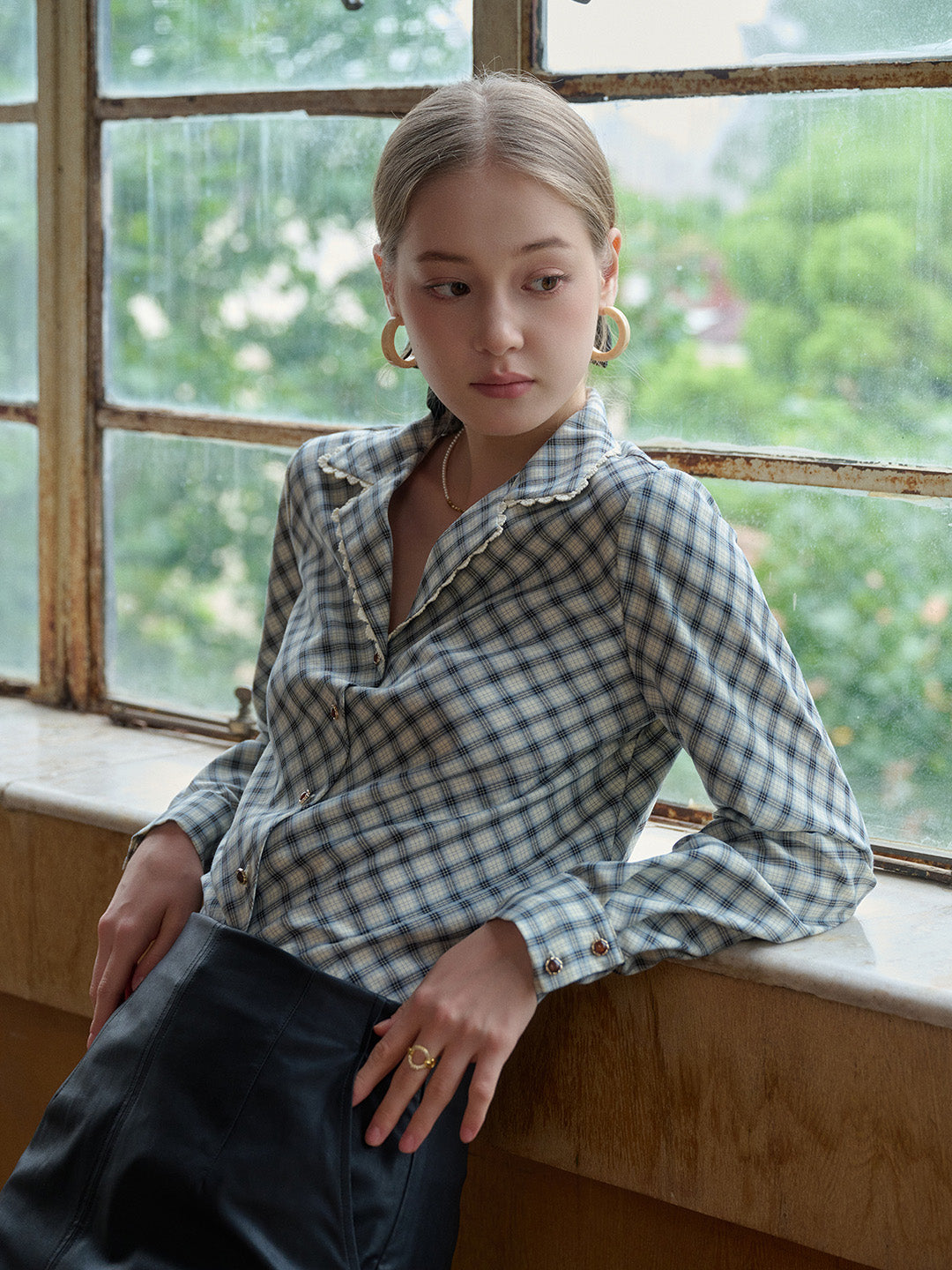 Kalani V-Neck Plaid Viscose Blouse