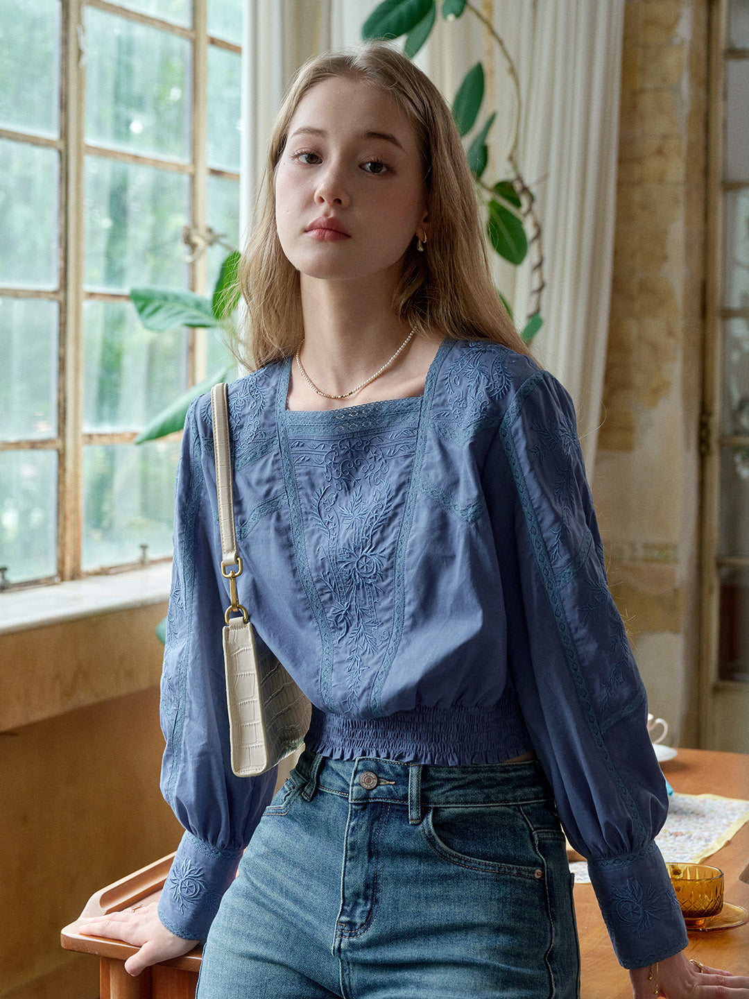 Oakley Square Neck Jacquard Lace Blue Blouse