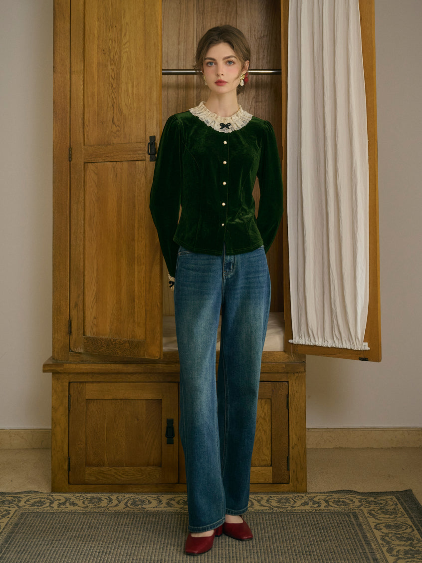 Azaria Round Collar Contrasting Lace Panel Bow Velvet Top