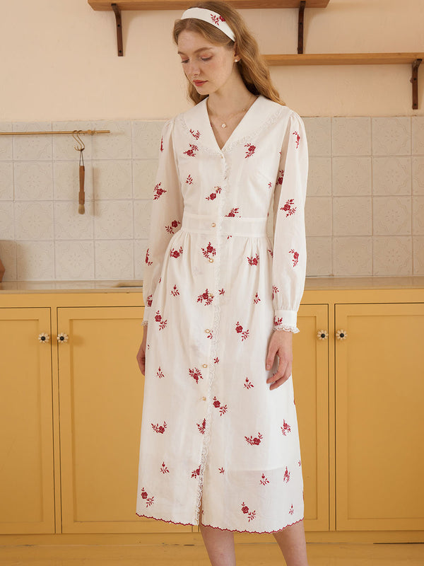Keyla Floral Embroidery V-Neck Cotton Dress