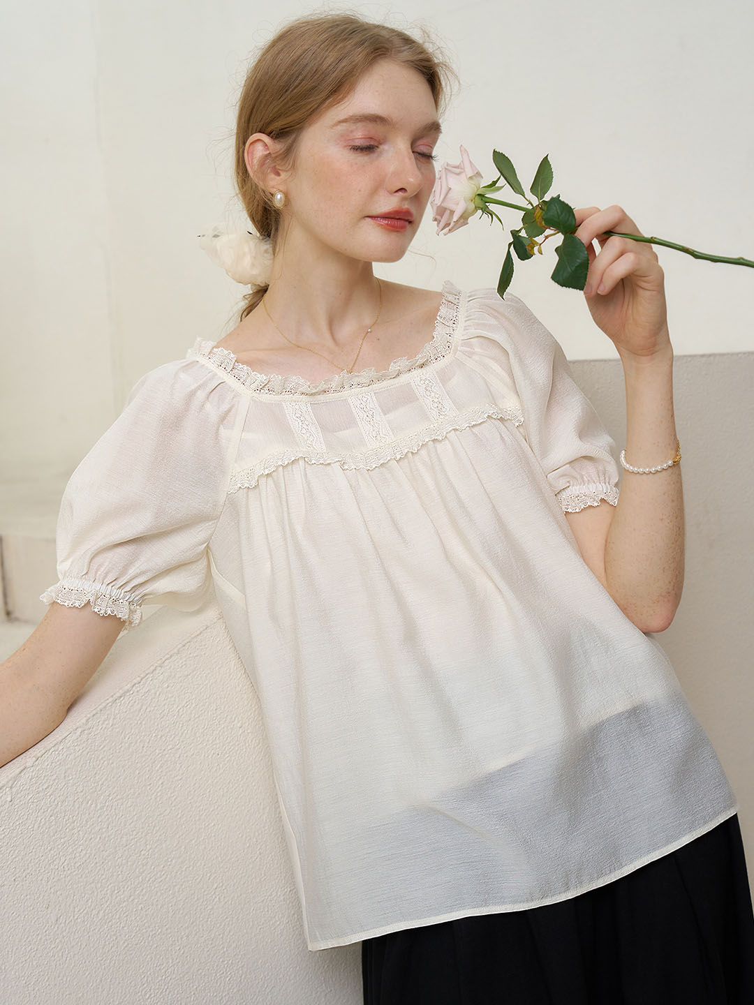 Elina Lace Panel Square Neck Puff Sleeve Blouse