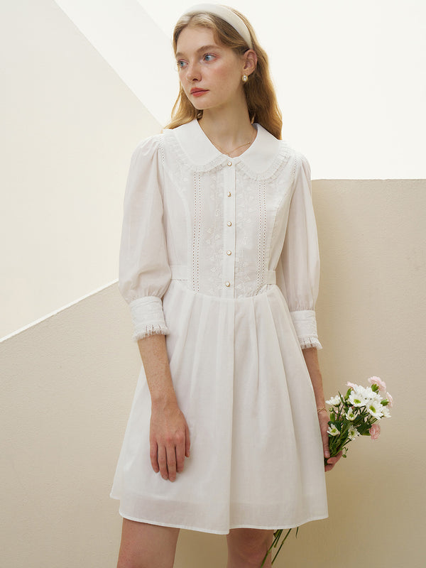 Royal Peter Pan Collar Lace Panel Embroidered Cotton Dress
