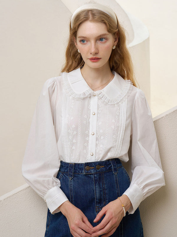 Jazmine Peter Pan Collar Lace Panel Embroidered Cotton Blouse