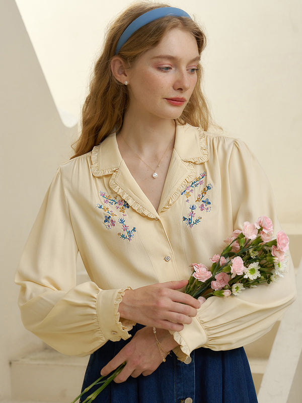 Convallaria Floral Embroidered Light Yellow Puff Top