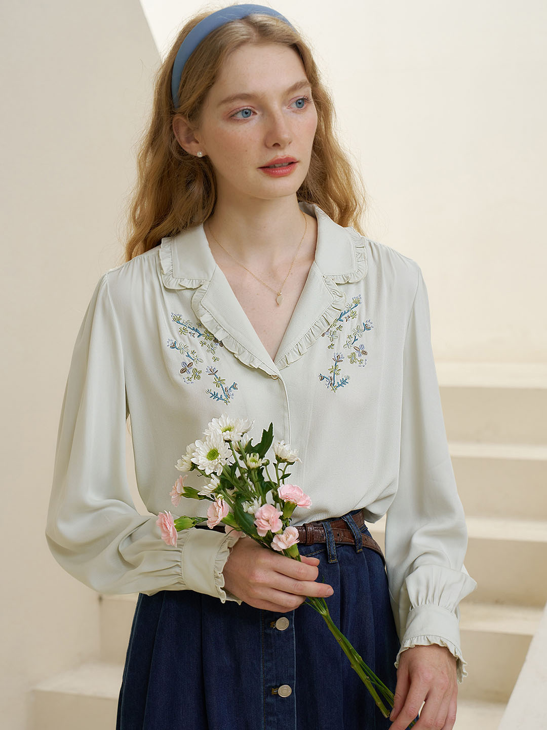 【Final Sale】Convallaria Floral Embroidered White Puff Top