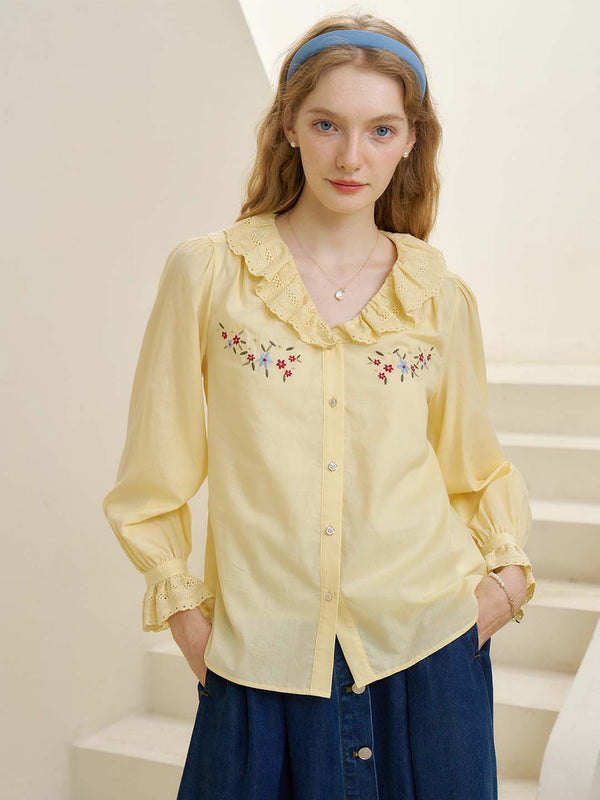 【Holiday Sale】Addilyn Embroidered Lace Collar Yellow Blouse