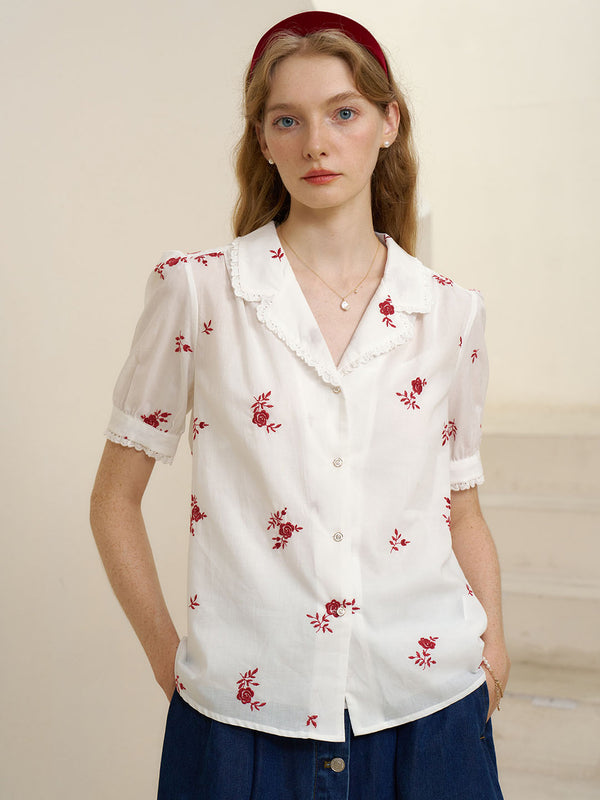 【Holiday Sale】Marceline Simple V Neck Embroidered Cotton Shirt-Red Rose