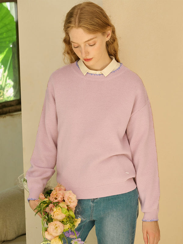 Grace Crew Neck Contrast Ribbed Knit Sweater