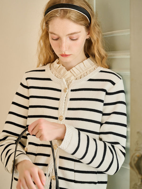 Paloma Classic Black & White Stripe Contrast Color Knit Cardigan