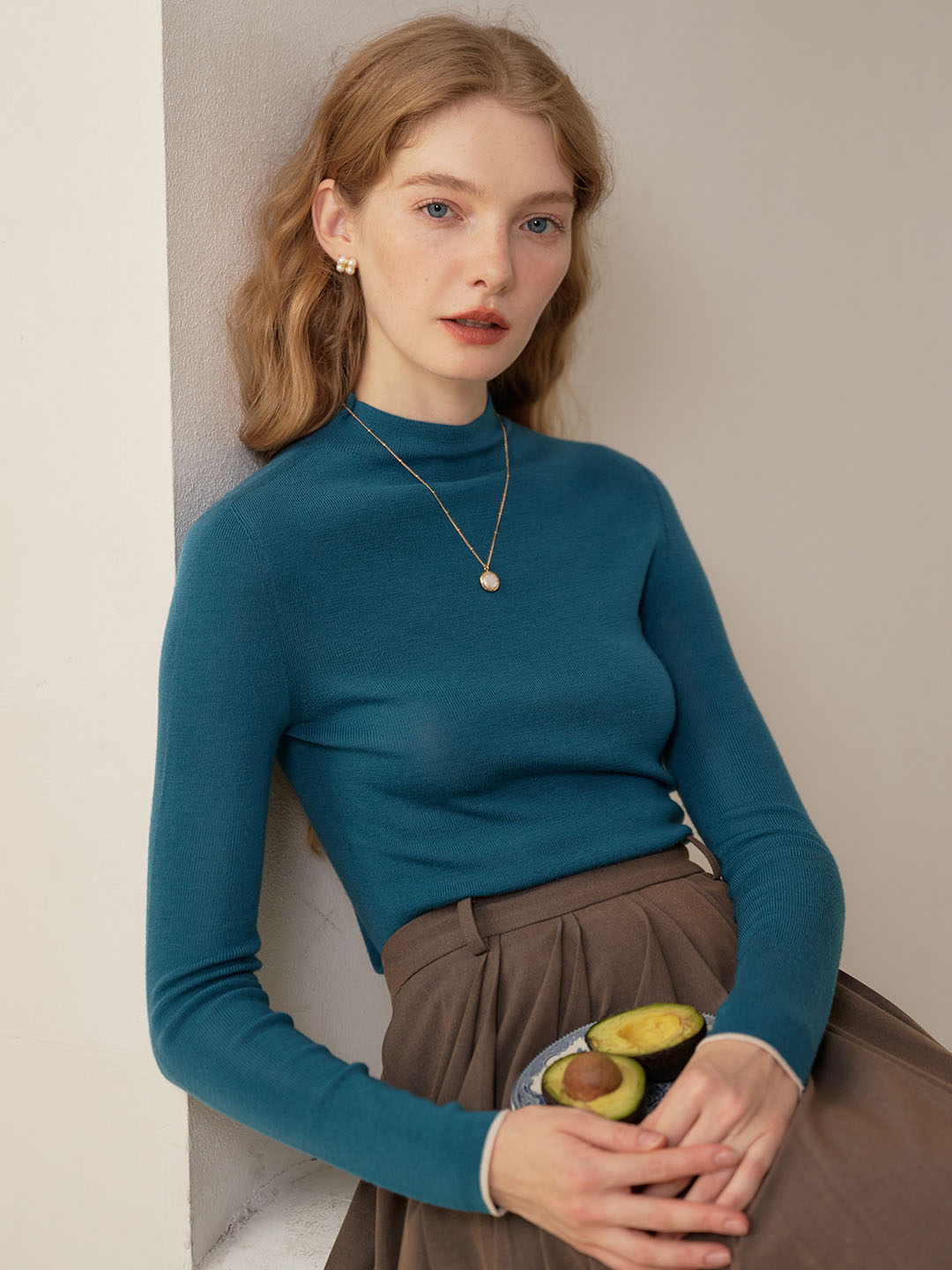 Lisa 100%  Wool Half Turtleneck Slim Fit Solid  Sweater-Indigo