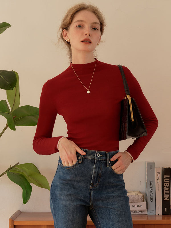 Lisa 100% Wool Half Turtleneck Slim Fit Solid Sweater-Red