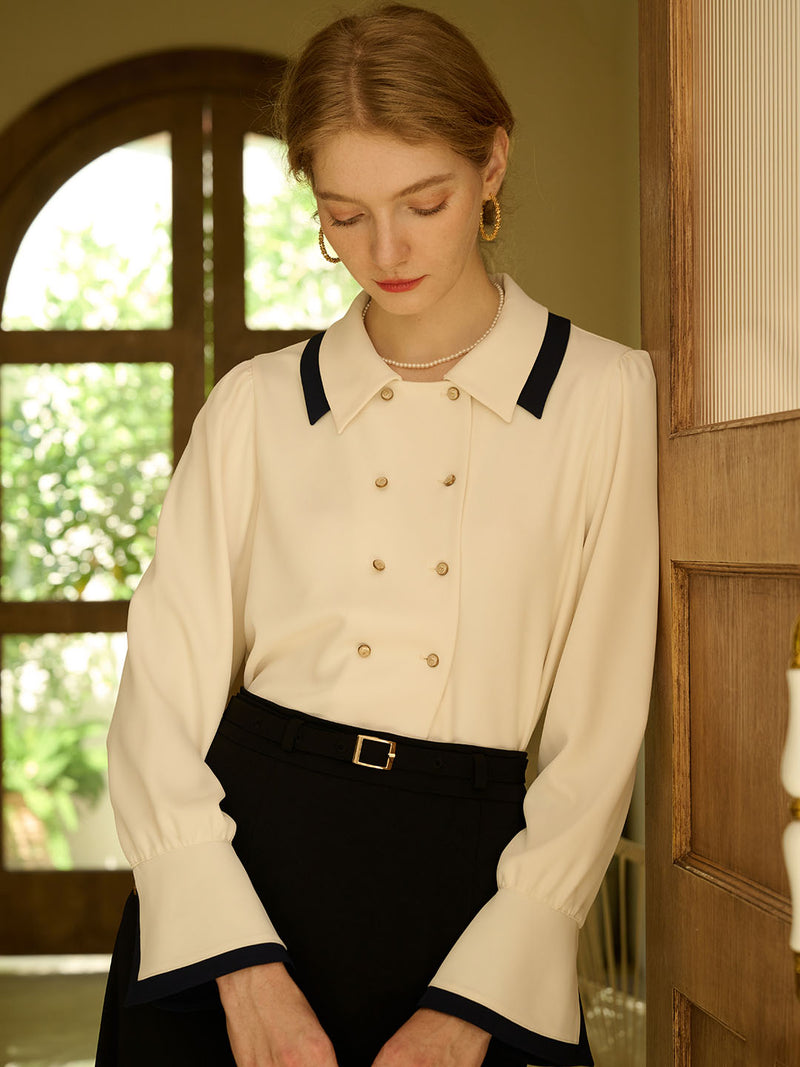 Rebekah Vintage Double Breasted Colorblock Collar Blouse
